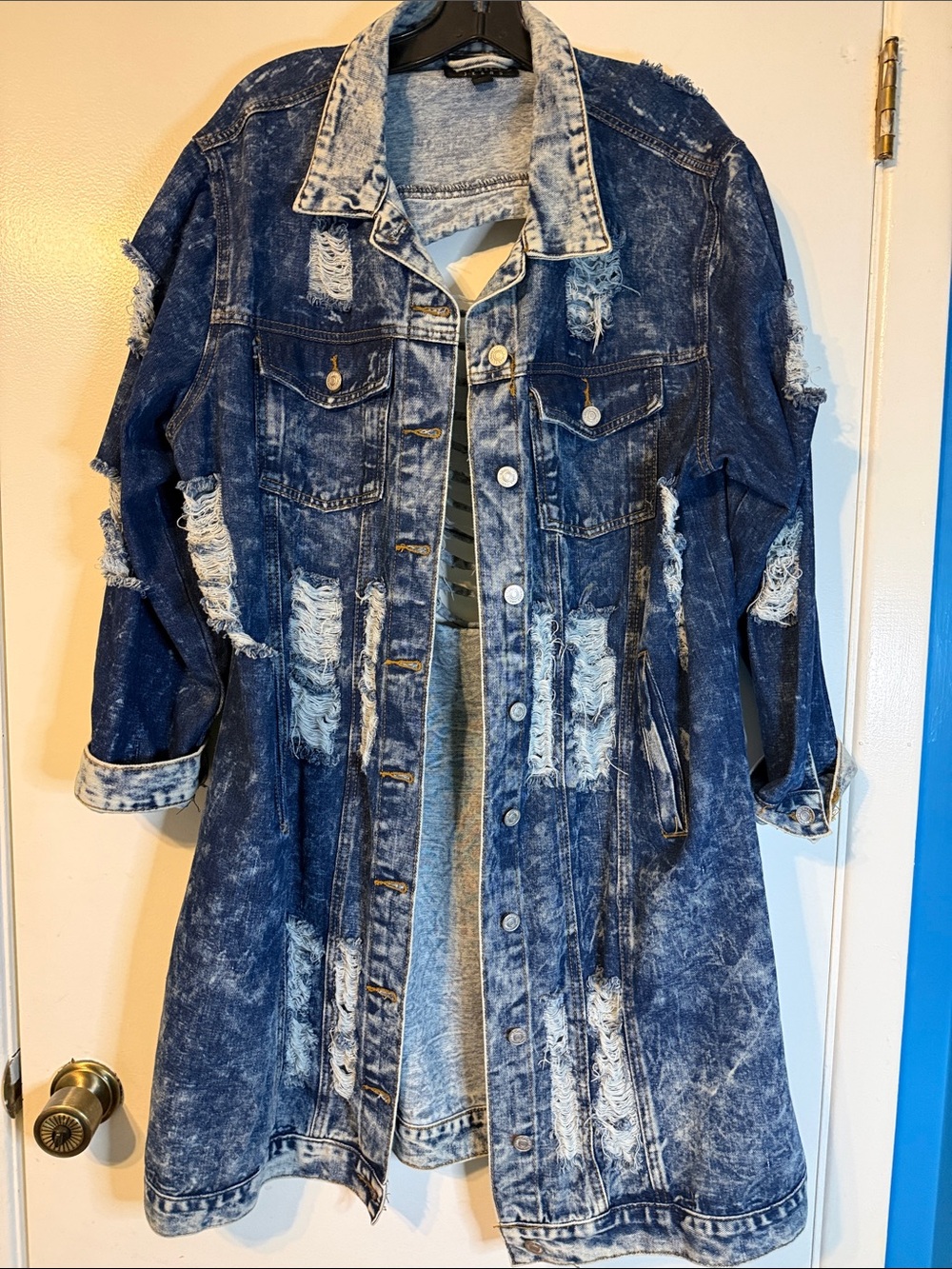 Thrill jeans ripped and distressed long  jean jacket XL